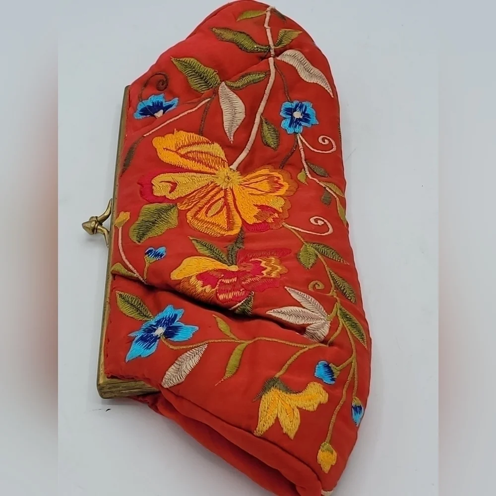 MOYNA from MOYNA Bags, Red Satin Multicolor Floral Satin Clutch.